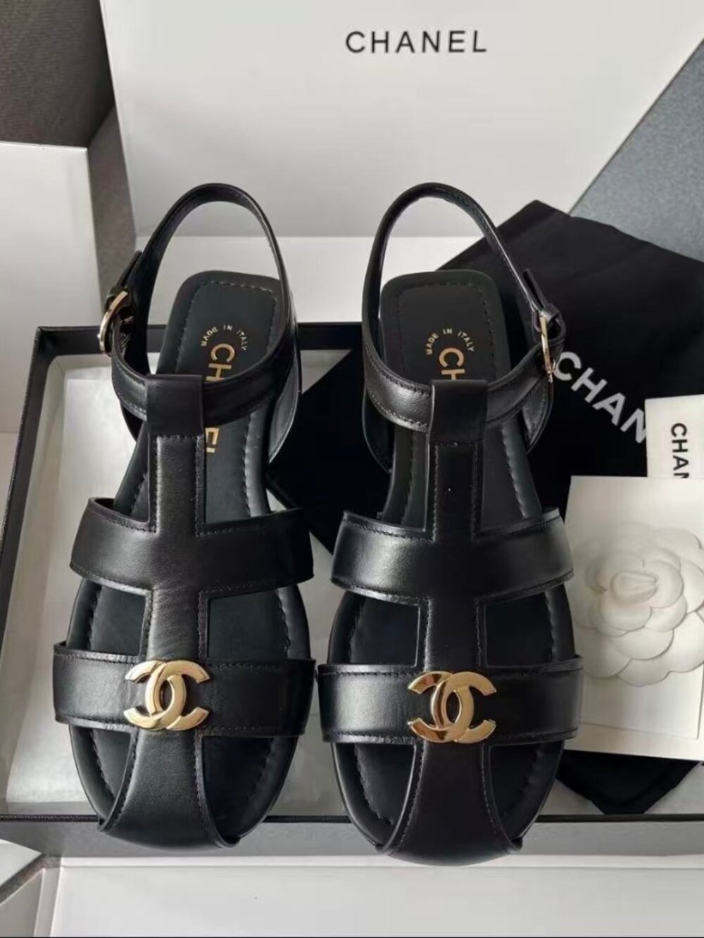 Chanel 26A Black Leather T-Strap Slingback Flat Sandals